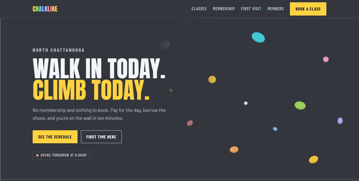 The Chalkline Climbing homepage, headlined Walk in today, climb today