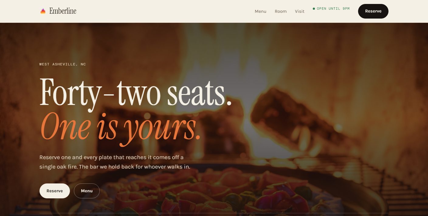 The Emberline homepage, showing a live fire behind the headline Forty-two seats, one is yours