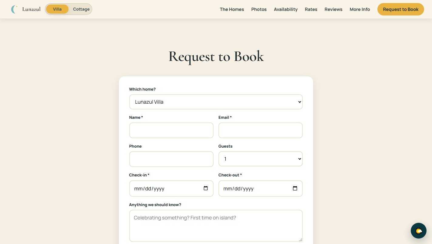 The Lunazul request-to-book form