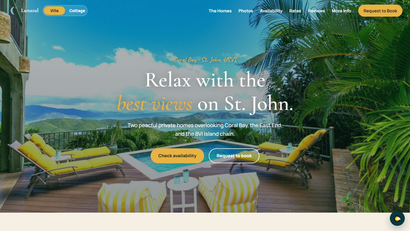 The Lunazul Villa and Cottage homepage, showing a pool deck overlooking Coral Bay, St. John