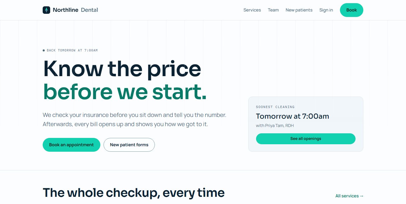 The Northline Dental homepage, headlined Know the price before we start