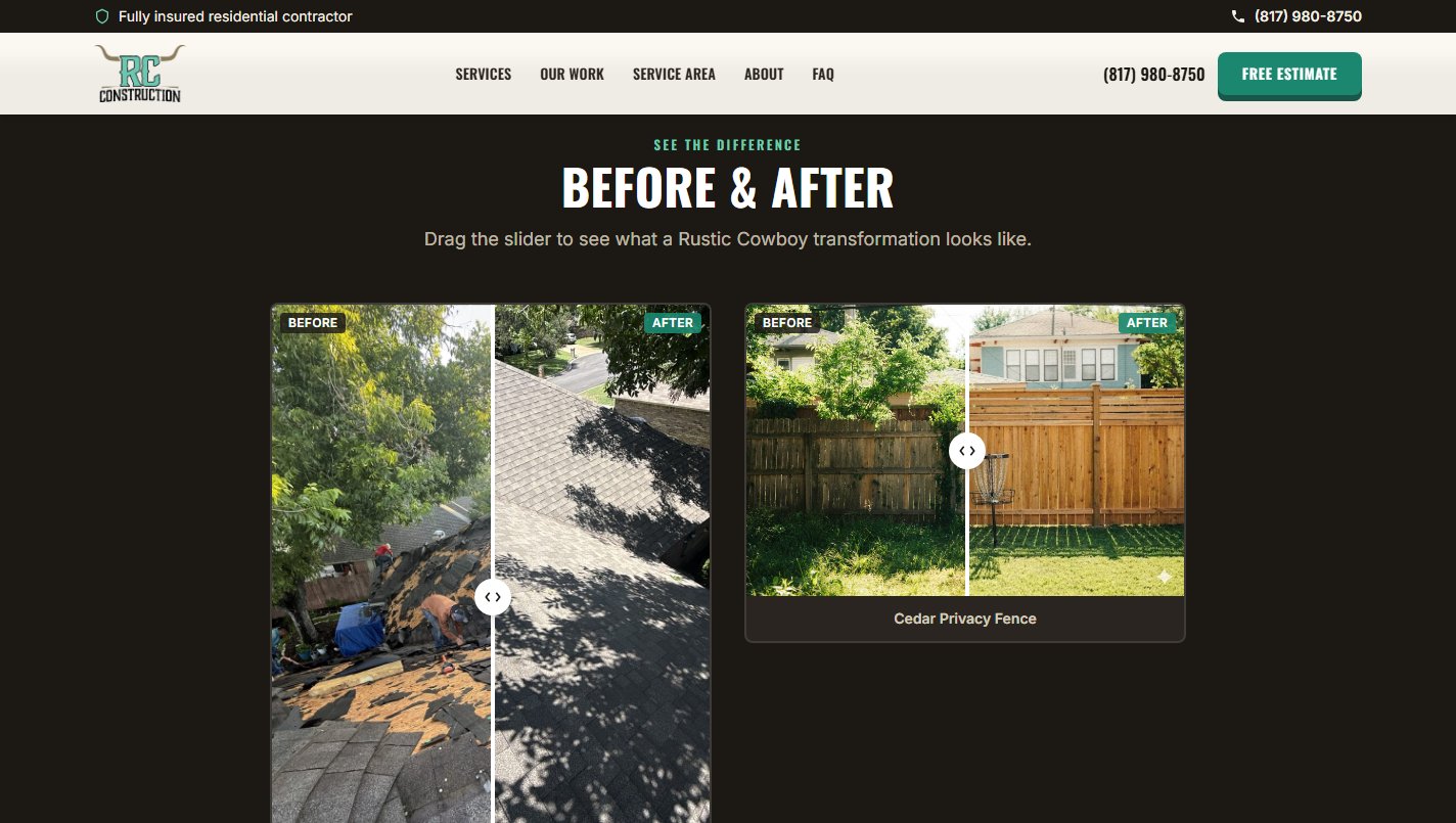 The Our Work section of the Rustic Cowboy site, showing a before and after comparison slider